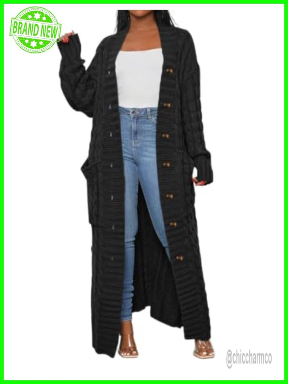 Womens Chunky Cable Knit Cardigan Long Maxi Sweater with Pockets Button